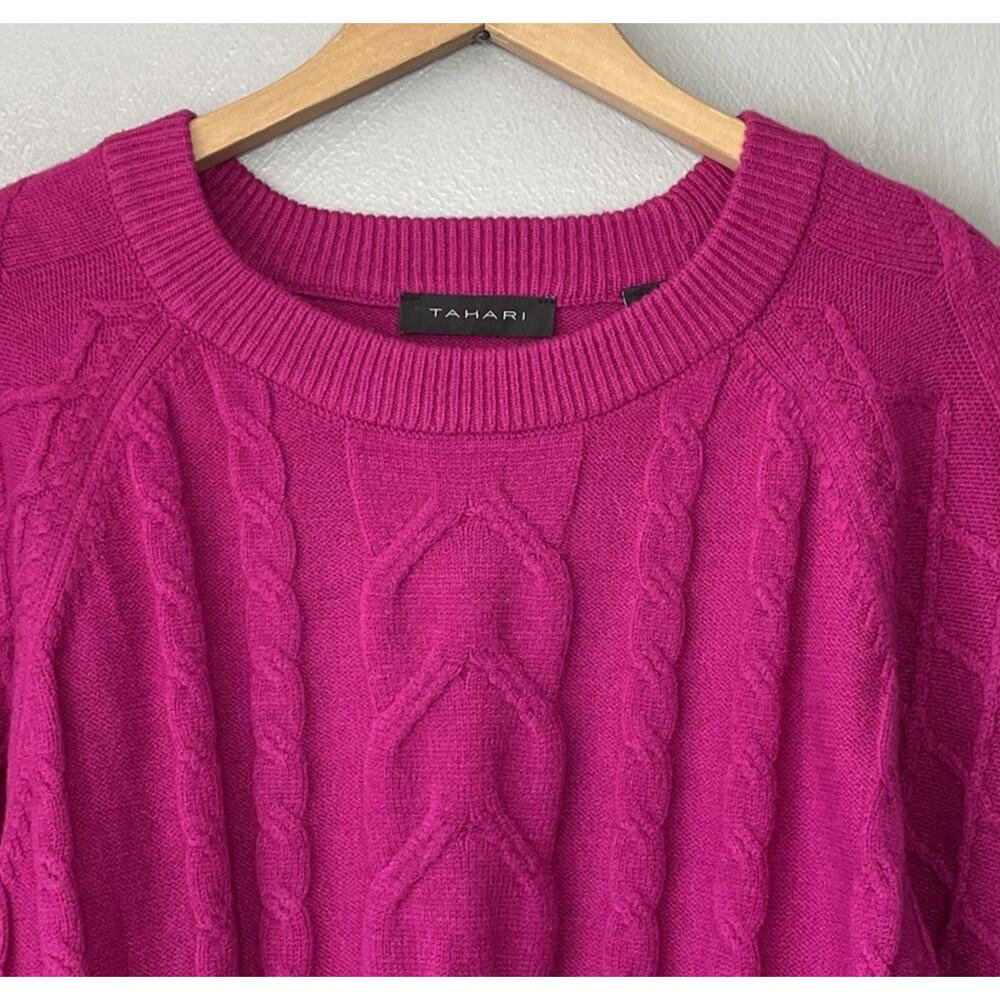 Tahari Sweater Size Large Cable Knit Fuchsia Pink Raglan Sleeve Fisherman Chic - Picture 3 of 10